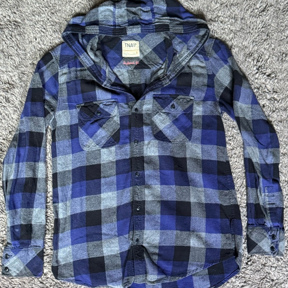 TNA Blue and Gray Plaid Button Down Shirt With Hood